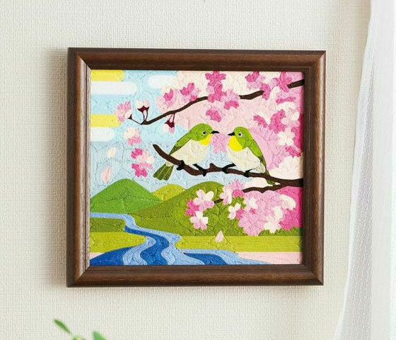 刺繍糸の絵・夫婦メジロと桜