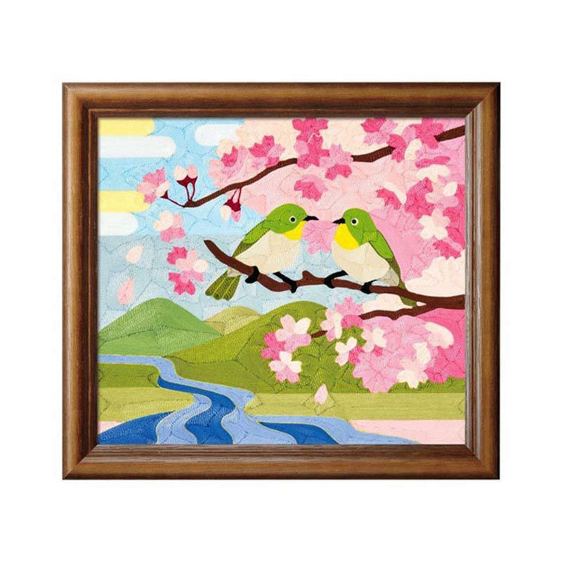 刺繍糸の絵・夫婦メジロと桜