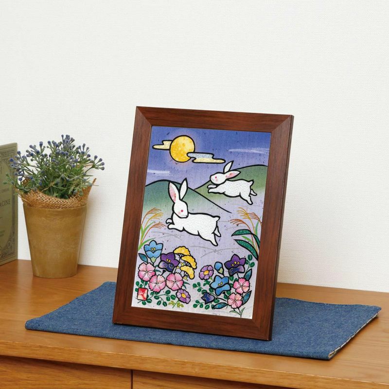 手作り額付き作品　title「静かなる月下の夢ウサギ」 季節のシールはり絵・十五夜跳ねうさぎ（九月）｜株式会社さくら