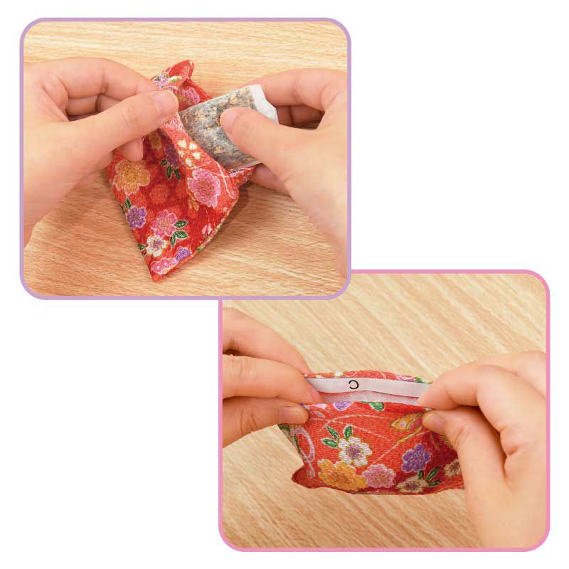 香り袋は縫製済み。お香とわたを詰めて、口を両面テープで閉じます