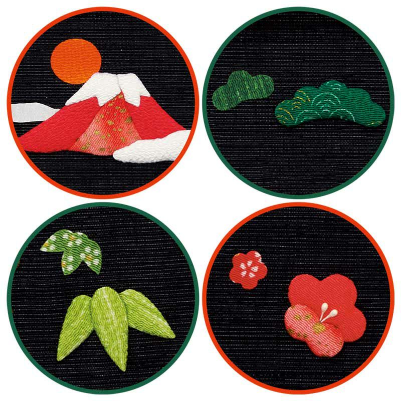 松竹梅や旭日と赤富士など縁起物を散りばめました