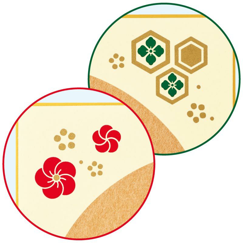色紙には健康長寿や魔除けの意味を持つ亀甲文様と、幸福や繁栄を象徴する梅をあしらいました