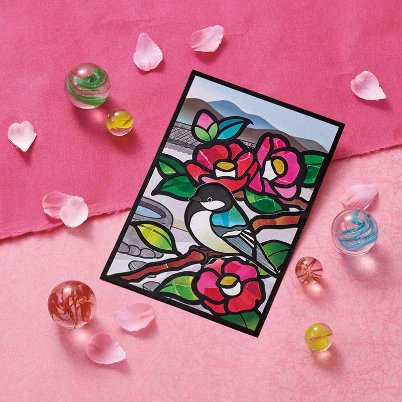 日本庭園の趣ある風景を、切り絵風の絵柄で表現