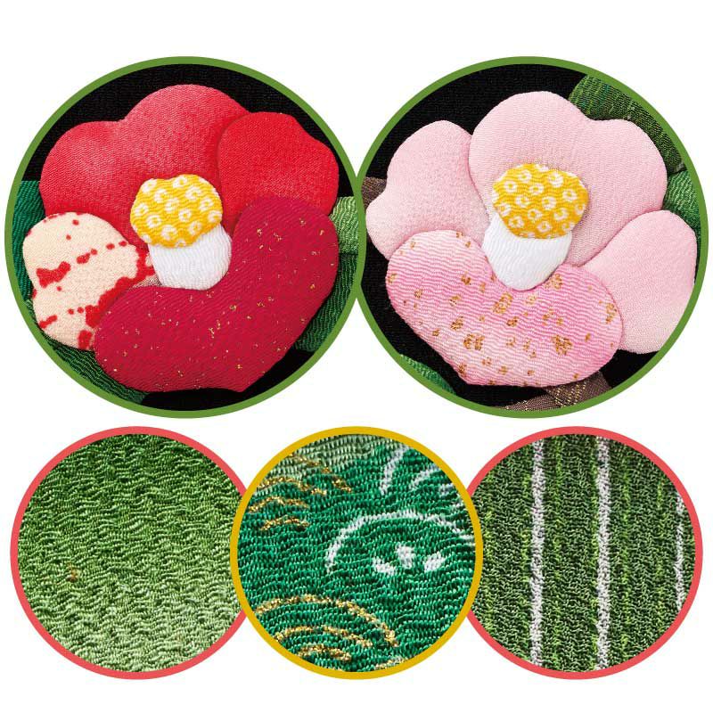 椿の花や葉に、同系色でも複数の布柄を使いこだわりを感じる繊細な作品に仕上げます